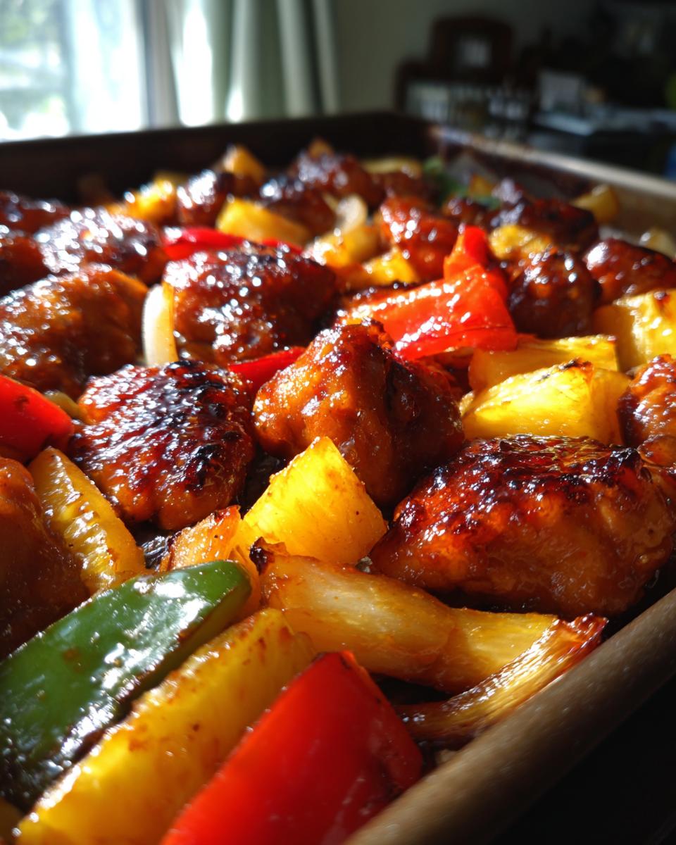 Close-up of glazed chicken pieces mixed with pineapple chunks and bell peppers in a hawaiian chicken sheet pan.