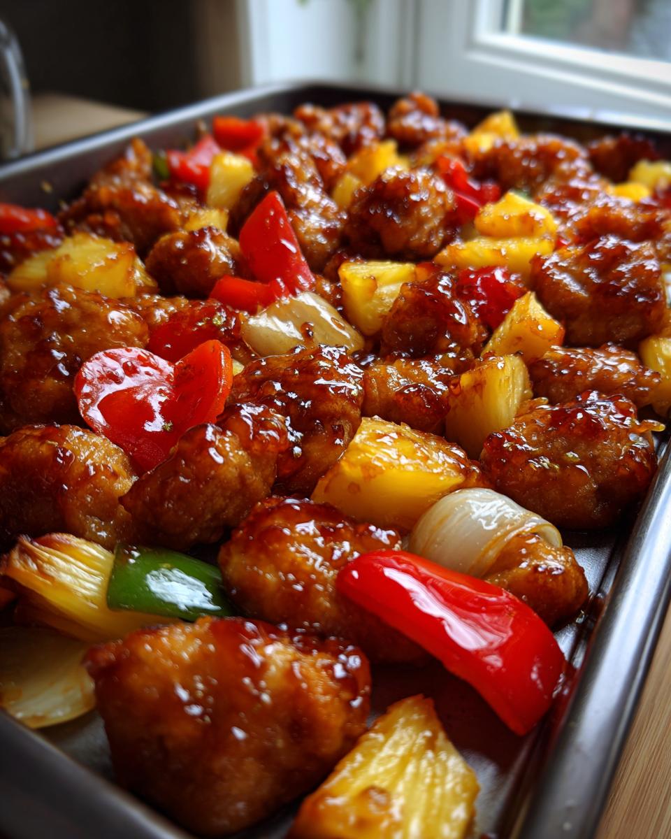 Close-up of glazed hawaiian chicken sheet pan pieces mixed with pineapple, red peppers, and onions.