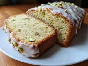 A loaf of moist pistachio bread, partially sliced, topped with white glaze and chopped pistachios.