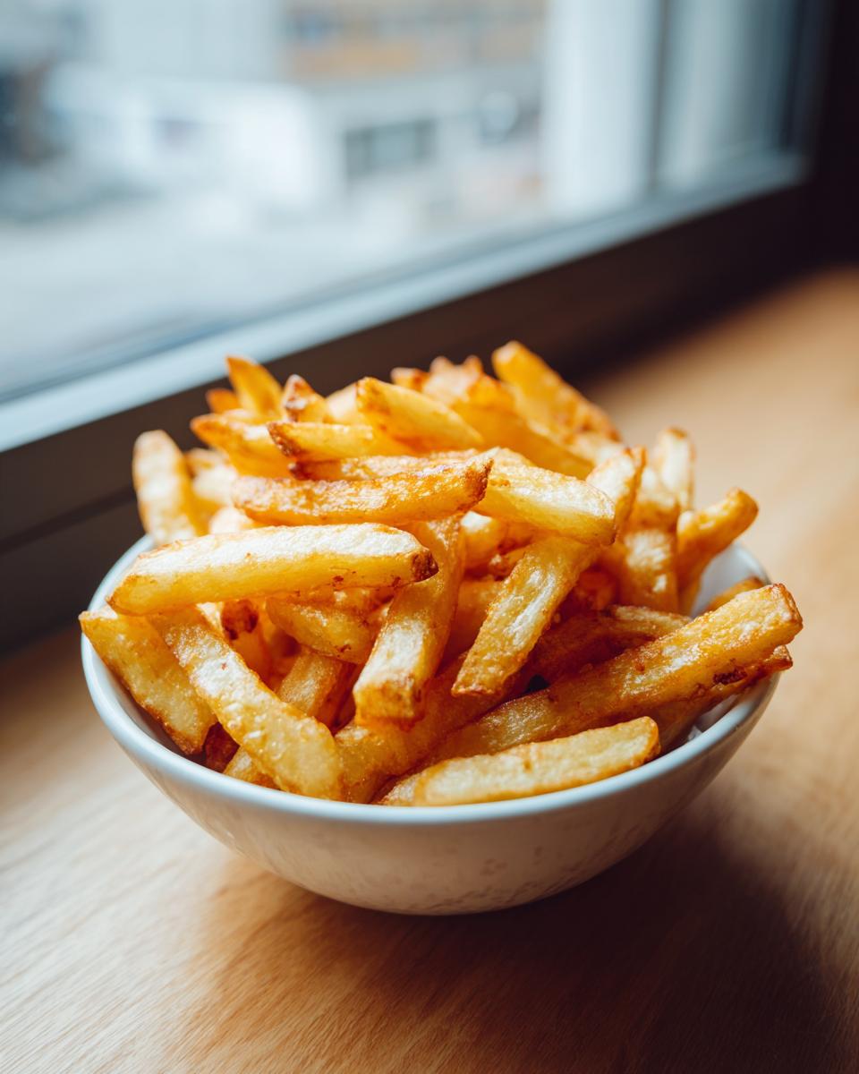 A close-up of perfectly golden, crispy air fryer french fries served in a small white bowl.