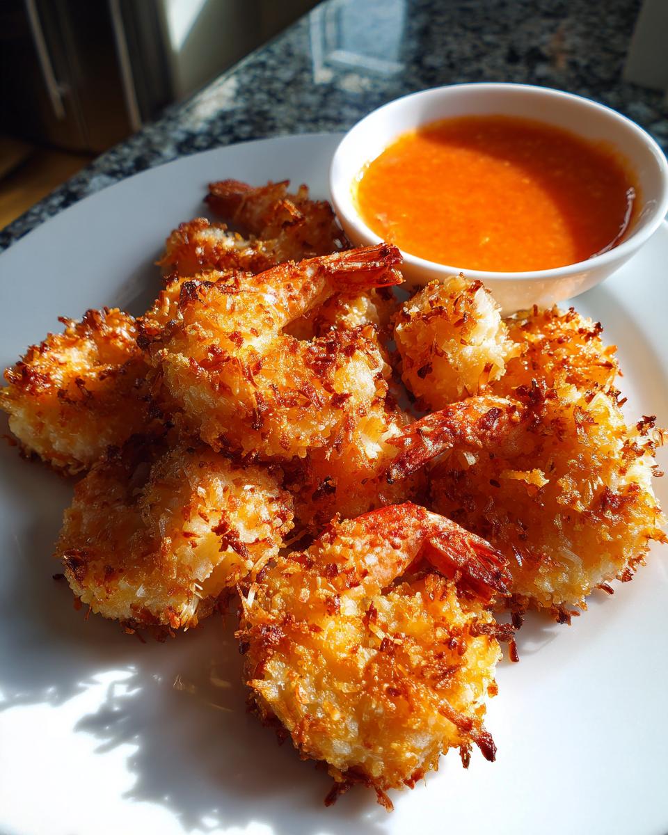 A plate of crispy, golden brown coconut shrimp served with a small bowl of bright orange dipping sauce.