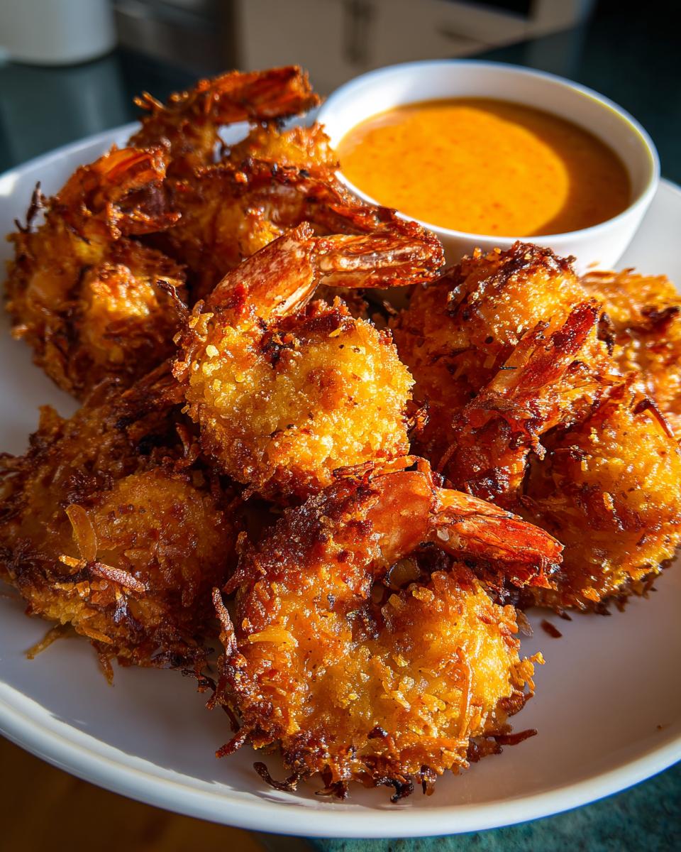 A plate piled high with crispy, golden brown coconut shrimp served alongside a small bowl of orange dipping sauce.