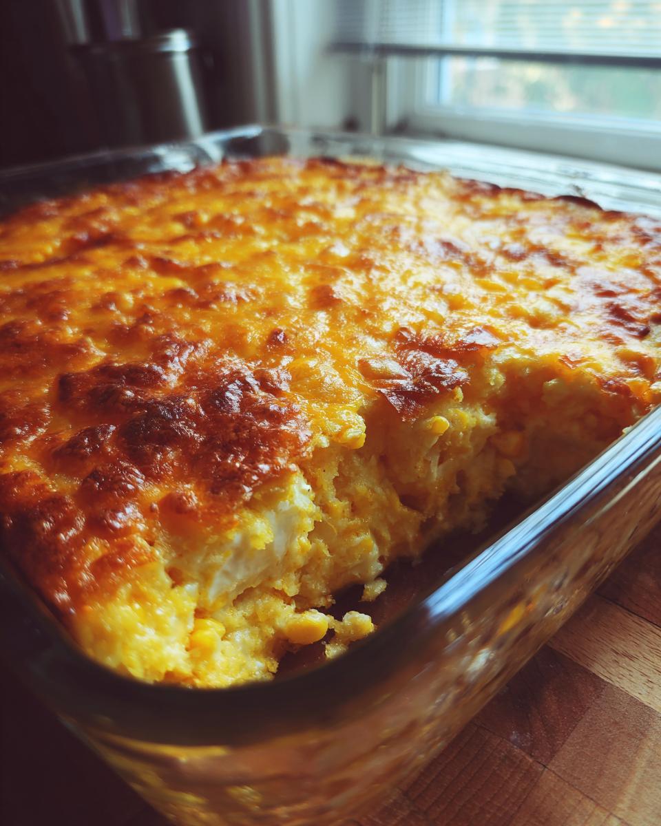 Close-up of a baked cream cheese corn casserole with a golden, bubbly cheese topping in a clear glass baking dish.
