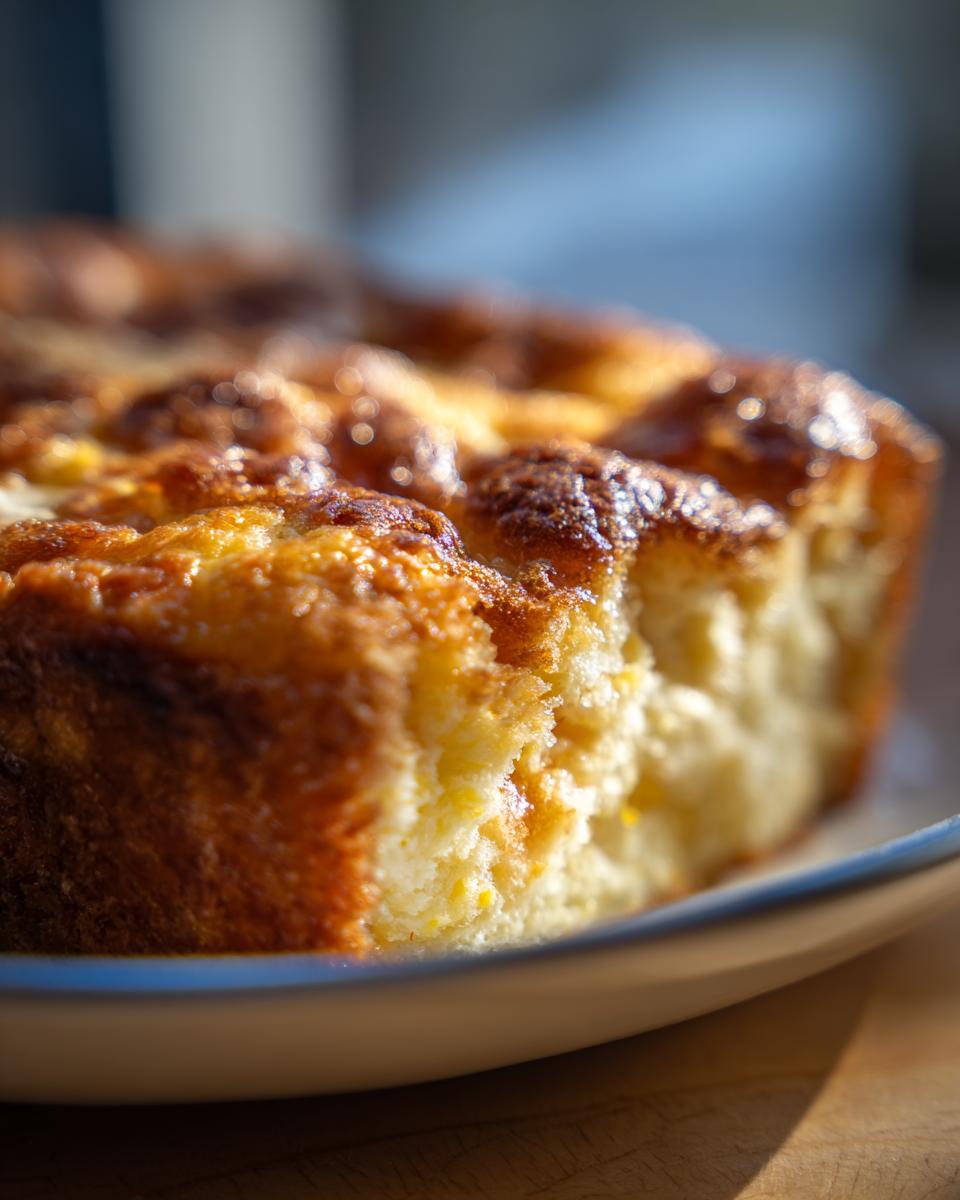 Close-up of a slice of baked cream cheese corn casserole showing its moist interior and caramelized top.