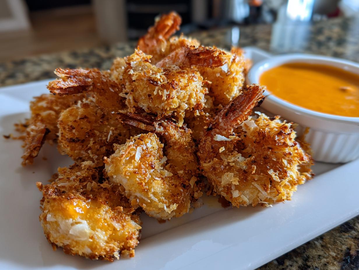 A plate of perfectly golden, crispy coconut shrimp served with a side of orange dipping sauce.