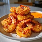 A stack of perfectly golden, crispy coconut shrimp served on a white plate next to a small bowl of orange dipping sauce.