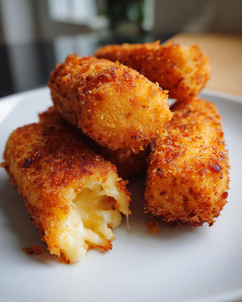Close-up of crispy, golden brown potato croquettes, one broken open showing melted, gooey cheese inside.