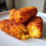 Close-up of crispy, golden brown potato croquettes, one broken open revealing a cheesy, soft interior.