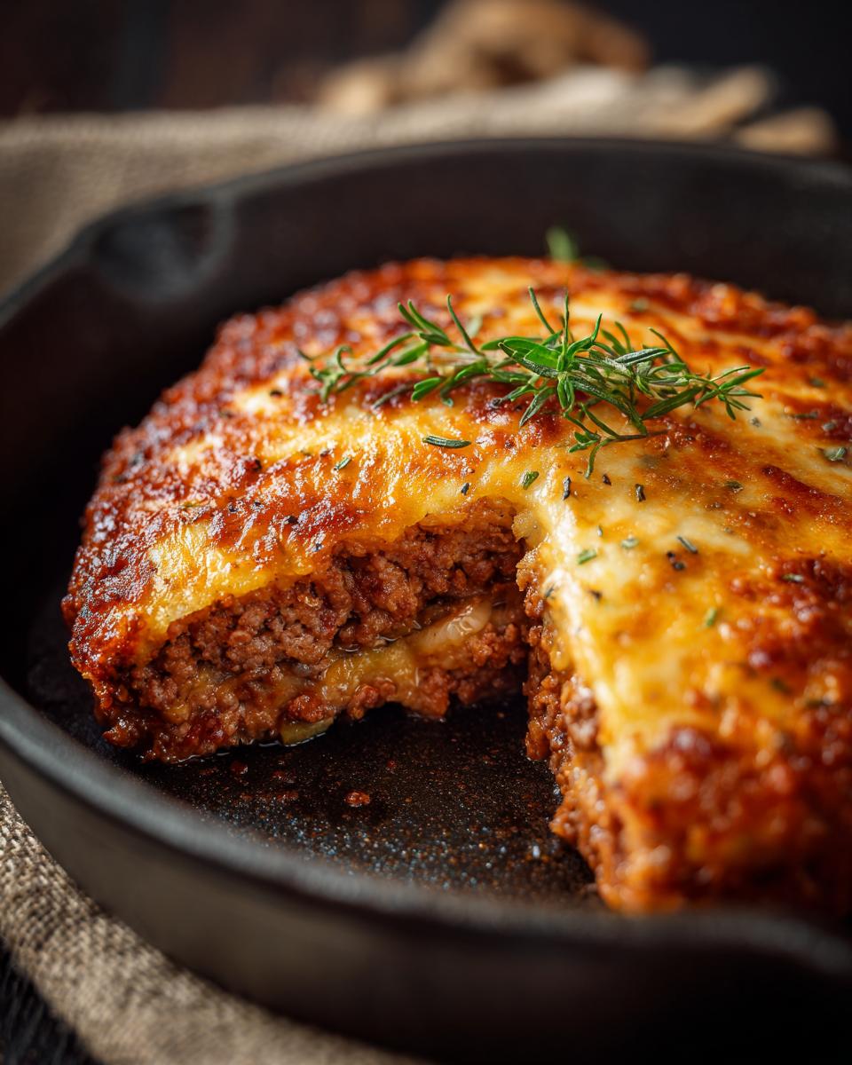 A slice is taken out of a delicious ground turkey skillet topped with melted cheese and herbs.