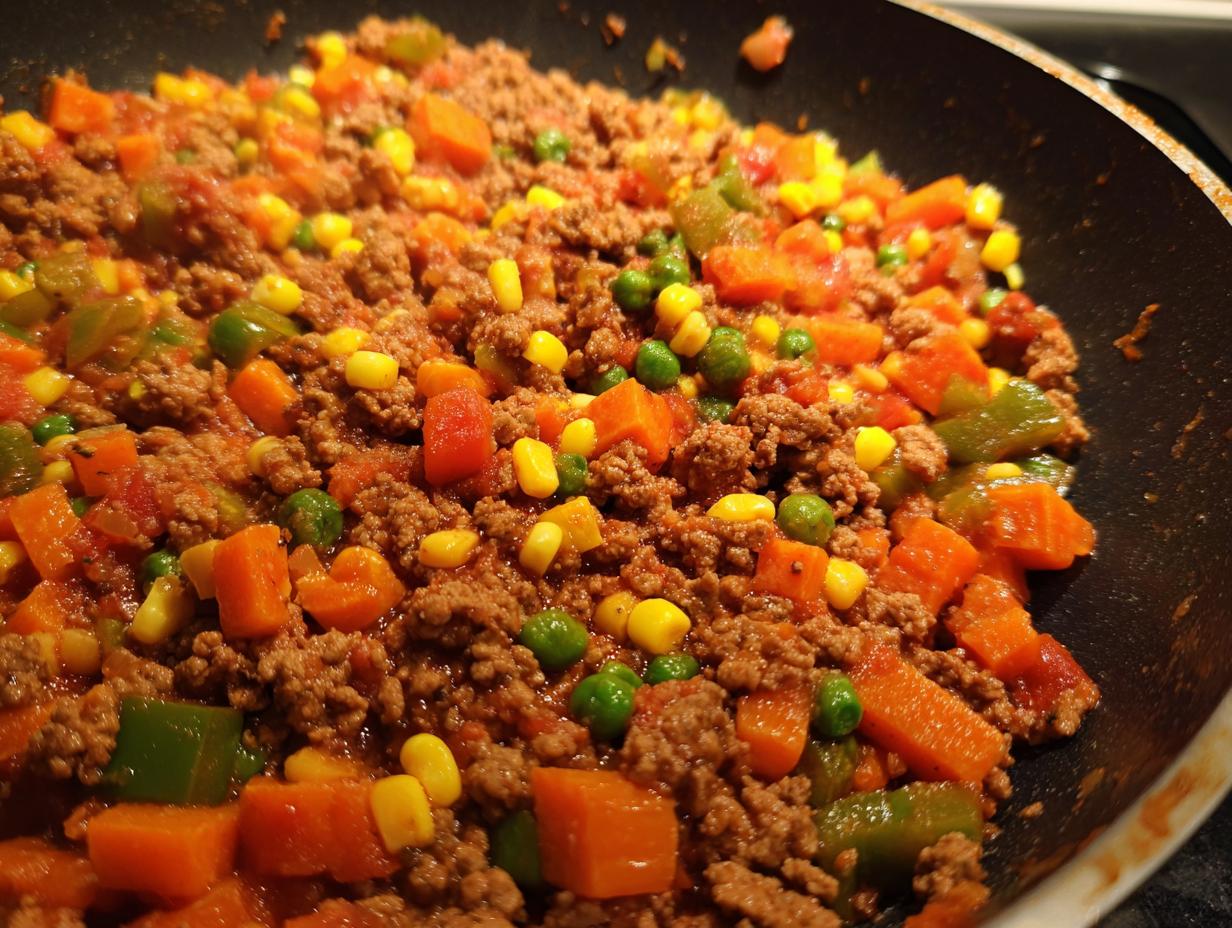 Close-up of a ground turkey skillet with diced carrots, peas, corn, and bell peppers in a tomato-based sauce.