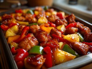 Close-up of glazed chicken pieces, pineapple chunks, and colorful bell peppers on a sheet pan for hawaiian chicken sheet pan.