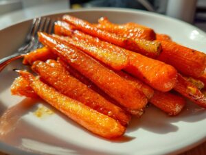 A close-up shot of bright orange, glossy honey glazed carrots piled on a white plate next to a fork.