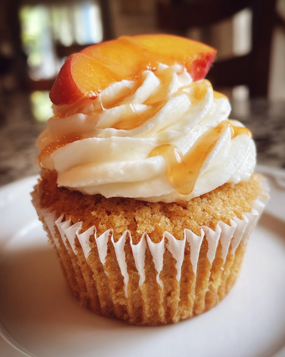 Close-up of a delicious Honey Peach Cream Cheese Cupcake topped with white frosting, a peach slice, and a honey drizzle.