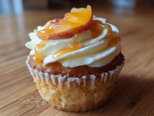 A single Honey Peach Cream Cheese Cupcake topped with swirl frosting, peach slices, and a honey glaze.