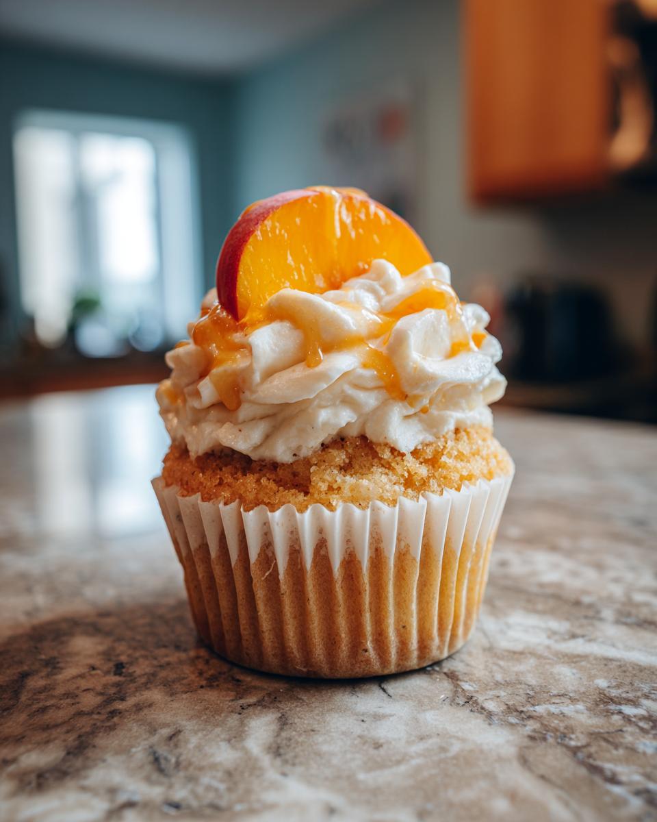 A single Honey Peach Cream Cheese Cupcake topped with frosting, a peach slice, and drizzled with glaze.