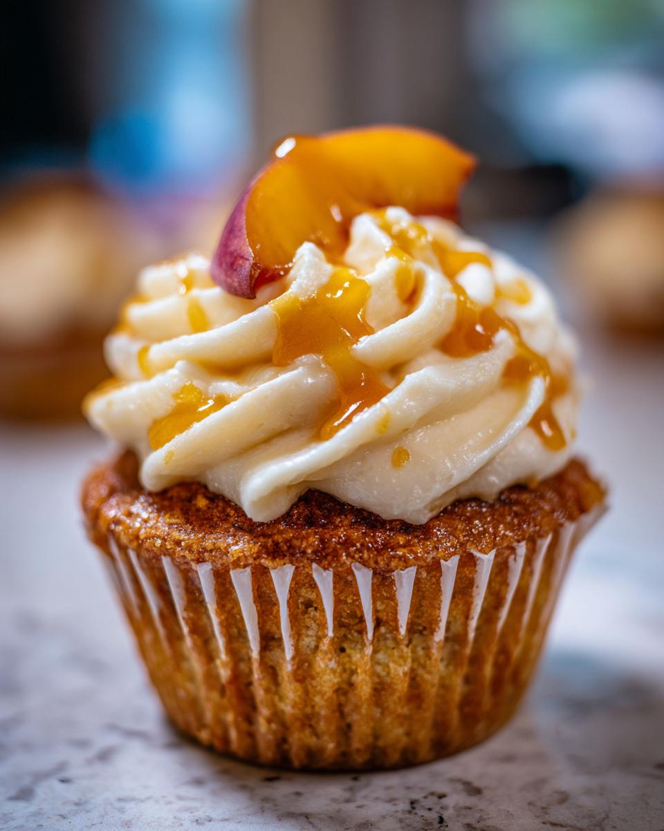 A close-up of a delicious honey peach cream cheese cupcake, topped with frosting, peach slice, and caramel drizzle.