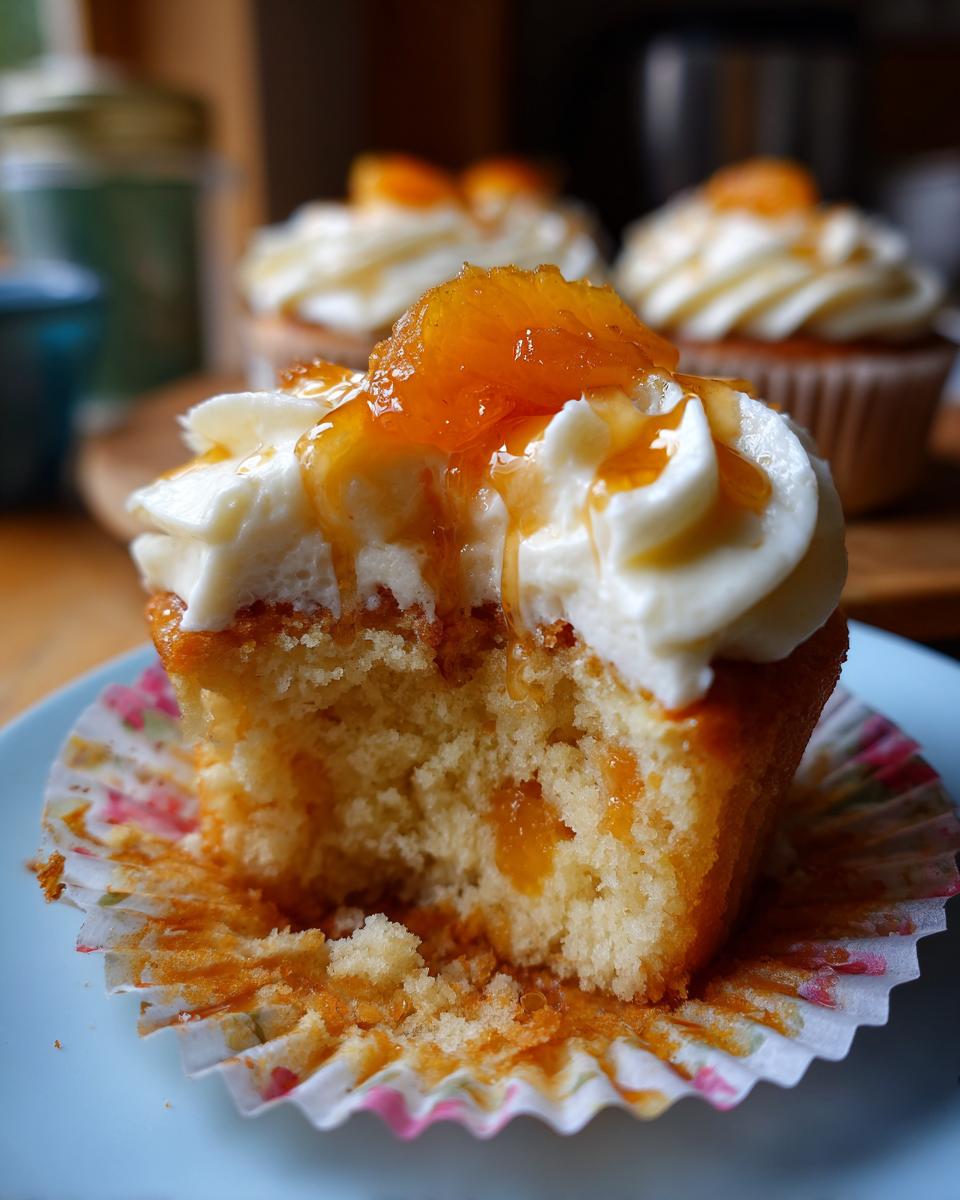 A delicious Honey Peach Cream Cheese Cupcake with a bite taken out, showing the fluffy cake and cream cheese frosting.