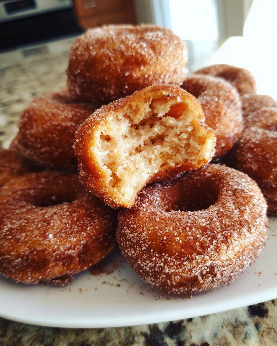 A pile of delicious hot buttered mini donuts coated in cinnamon sugar, with one donut broken open to show the fluffy interior.