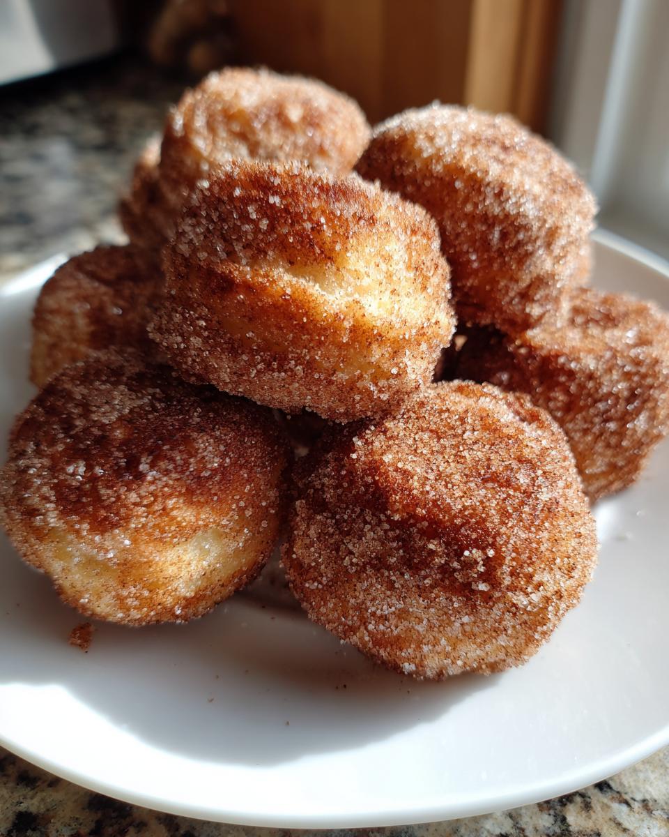 A pile of freshly made hot buttered mini donuts coated in cinnamon sugar.