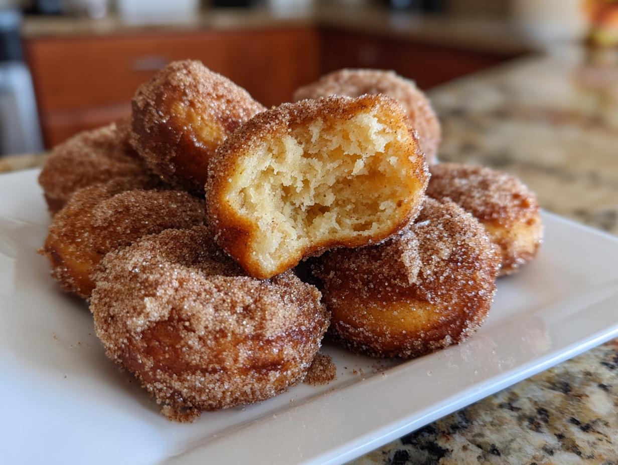 A pile of hot buttered mini donuts coated in cinnamon sugar, with one donut broken open to show its fluffy interior.