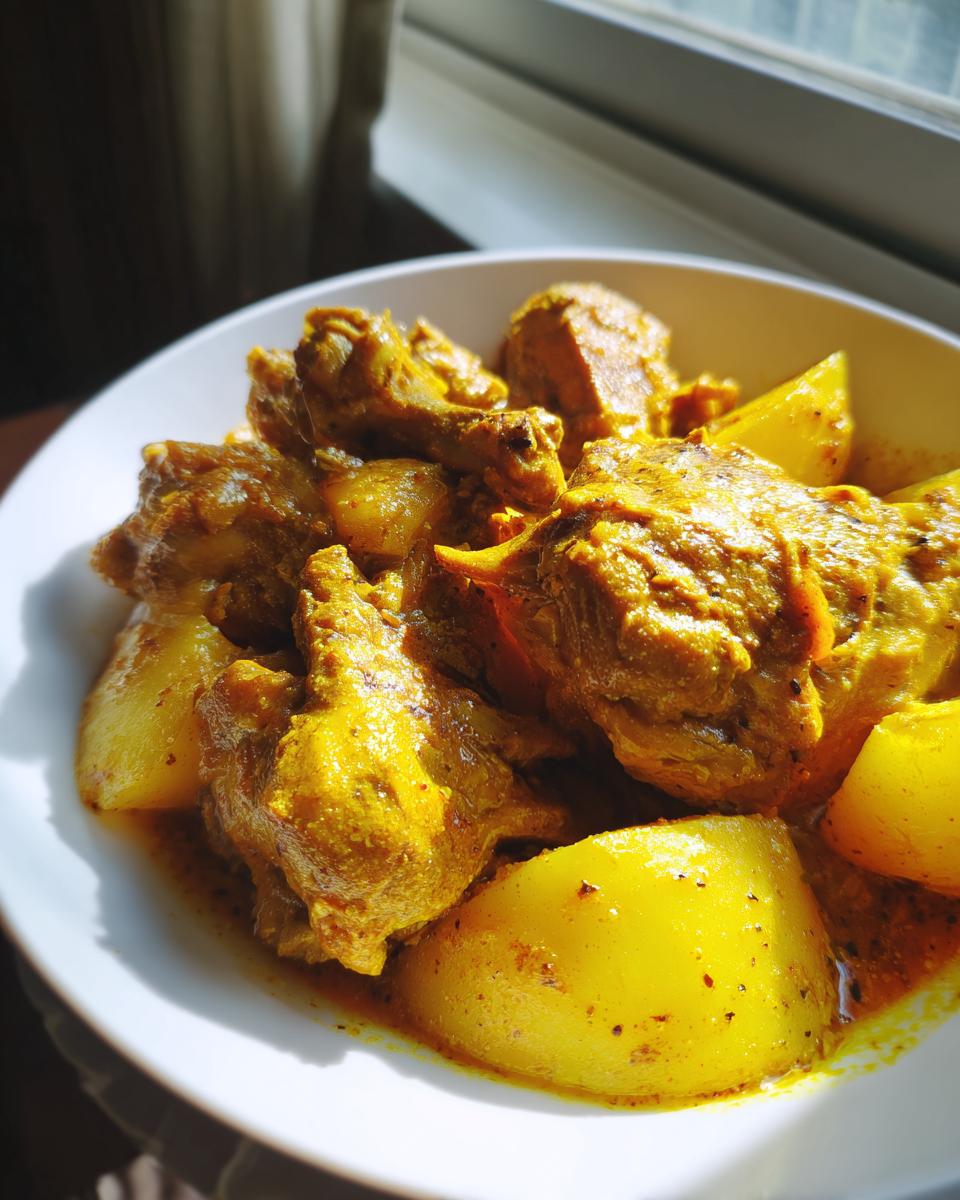 Close-up of tender chicken pieces and large potato chunks coated in rich yellow sauce in Jamaican Curry Chicken.