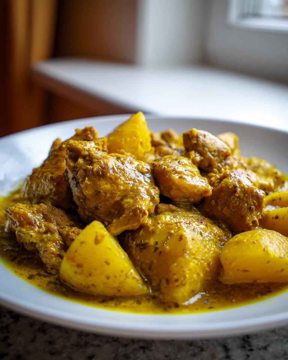 A close-up of tender pieces of Jamaican curry chicken stewed with large chunks of yellow potato in a rich, golden sauce.