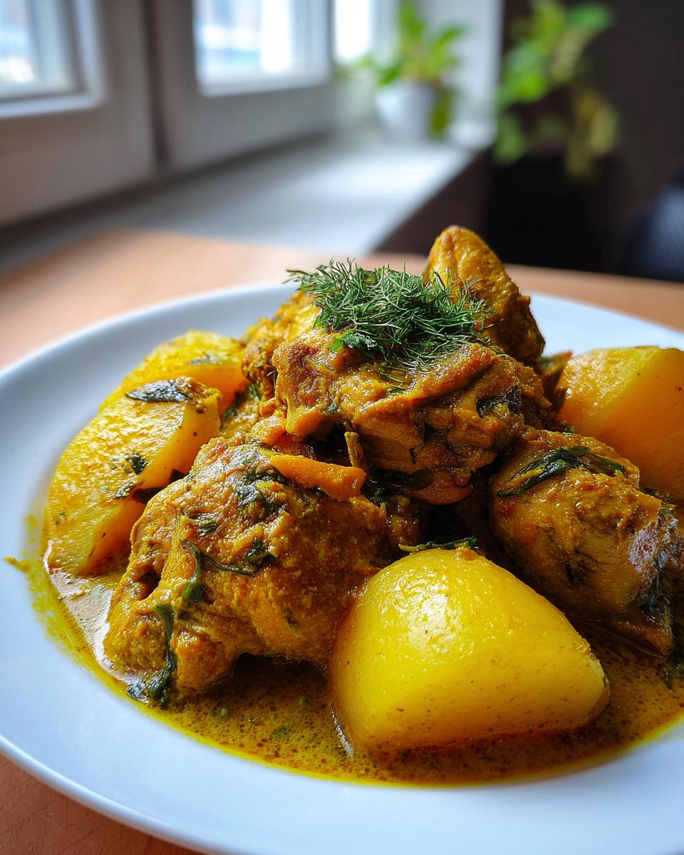 Close-up of tender Jamaican curry chicken pieces served with large, yellow potatoes in a rich, golden sauce.