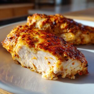 A close-up of a juicy baked chicken breast, seasoned and cooked to perfection, showing its tender texture.