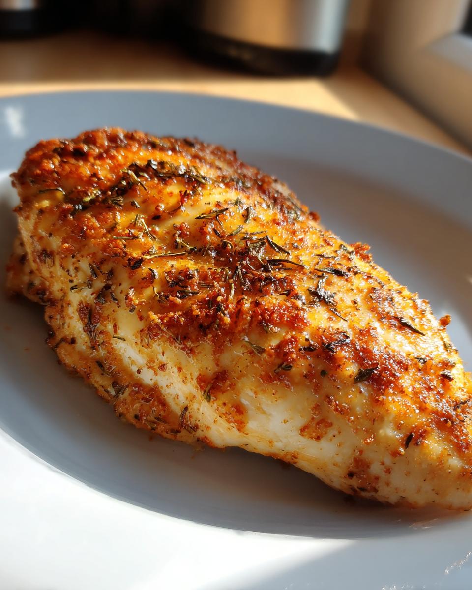 A close-up of a perfectly seasoned and juicy baked chicken breast on a white plate.