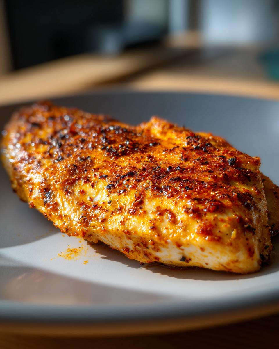 Close-up of a perfectly seasoned and juicy baked chicken breast on a plate.