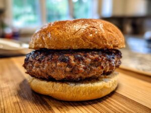 A perfectly grilled juicy burger with a golden-brown bun, presented on a wooden cutting board.