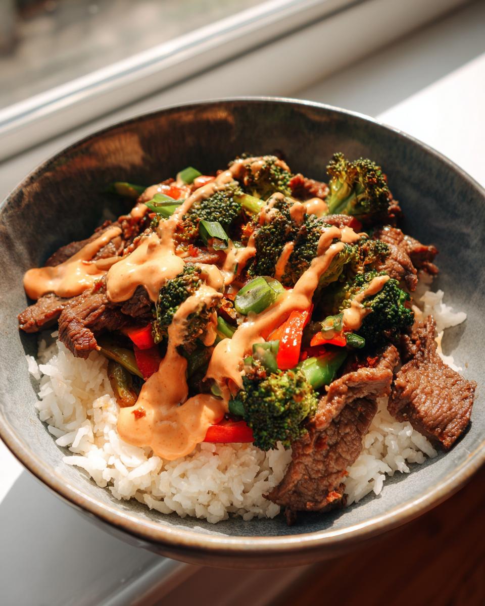 A close-up of a Korean steak bowl featuring tender steak, broccoli, red peppers, and a creamy sauce over rice.
