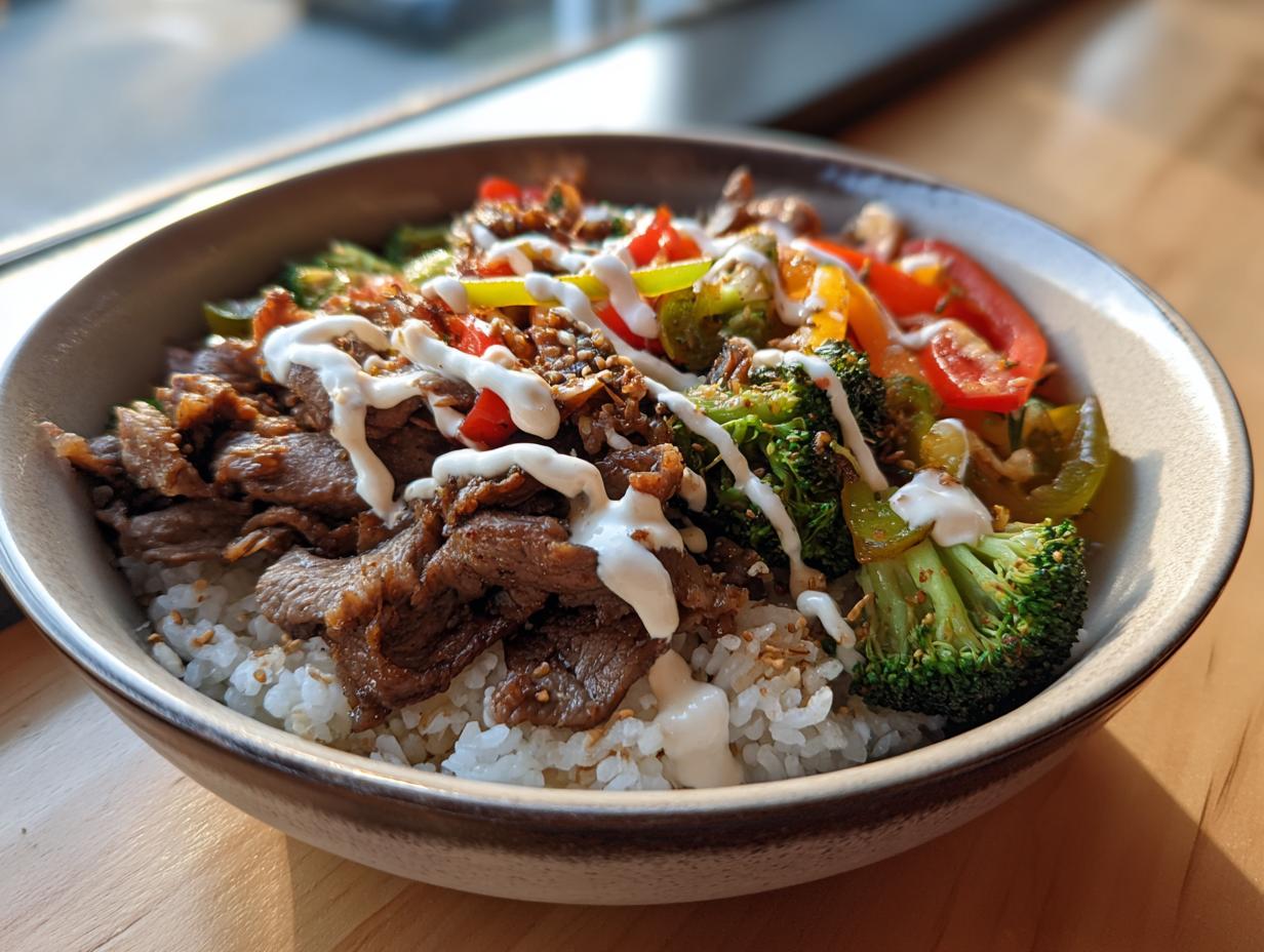A close-up of a Korean steak bowl filled with rice, tender sliced steak, broccoli, bell peppers, and drizzled with white sauce.