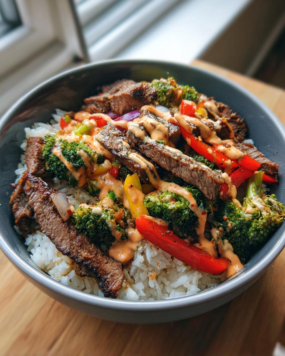 A vibrant Korean steak bowl filled with white rice, sliced steak, broccoli, red and yellow bell peppers, and drizzled with a creamy sauce.