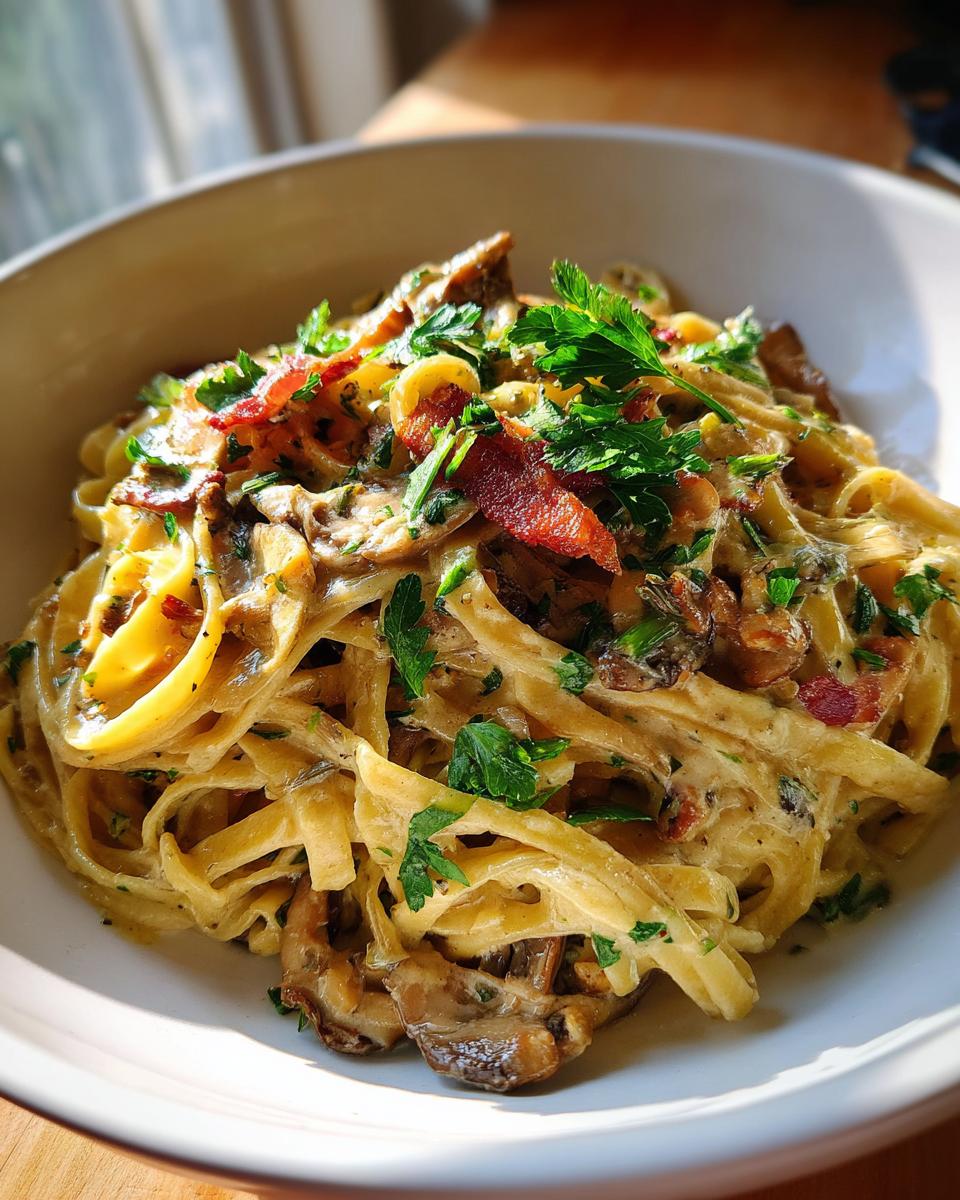 A close-up of creamy Leek Mushroom Gruyere Pasta, topped with crispy bacon bits and fresh parsley.