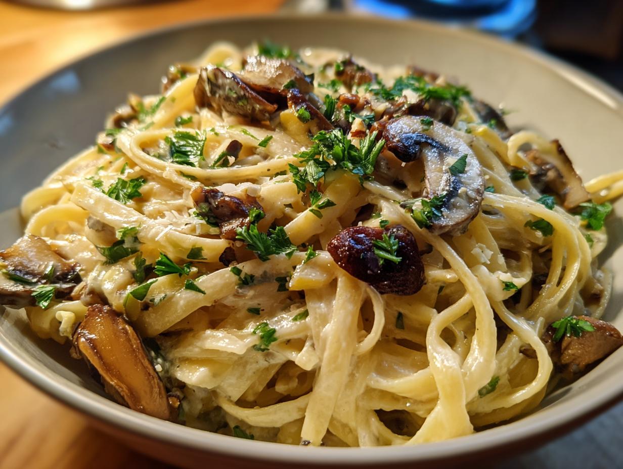 A creamy bowl of Leek and Mushroom Gruyere Pasta, garnished with fresh parsley and topped with sliced mushrooms.