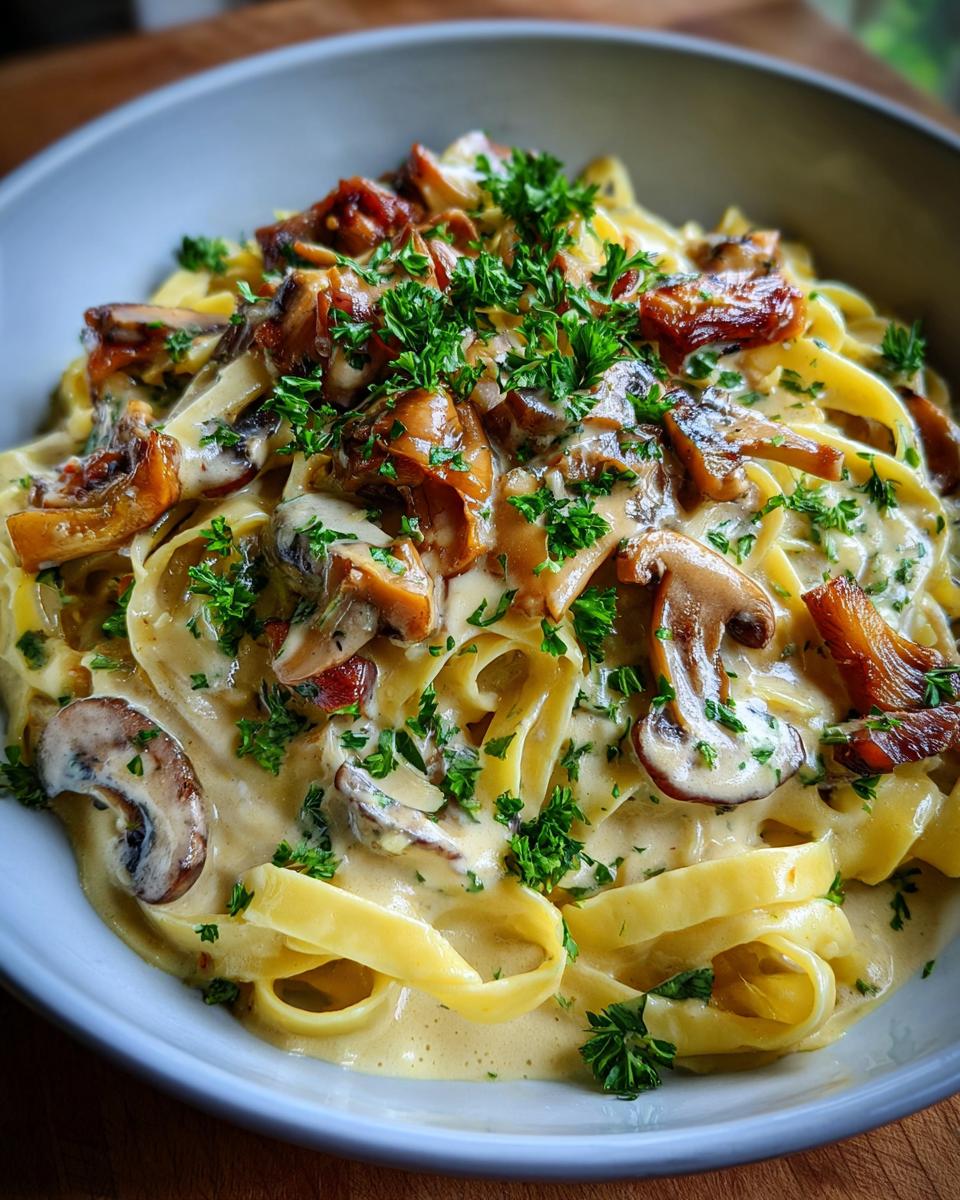 Close-up of creamy Leek Mushroom Gruyere Pasta, topped with fresh parsley and sliced mushrooms.