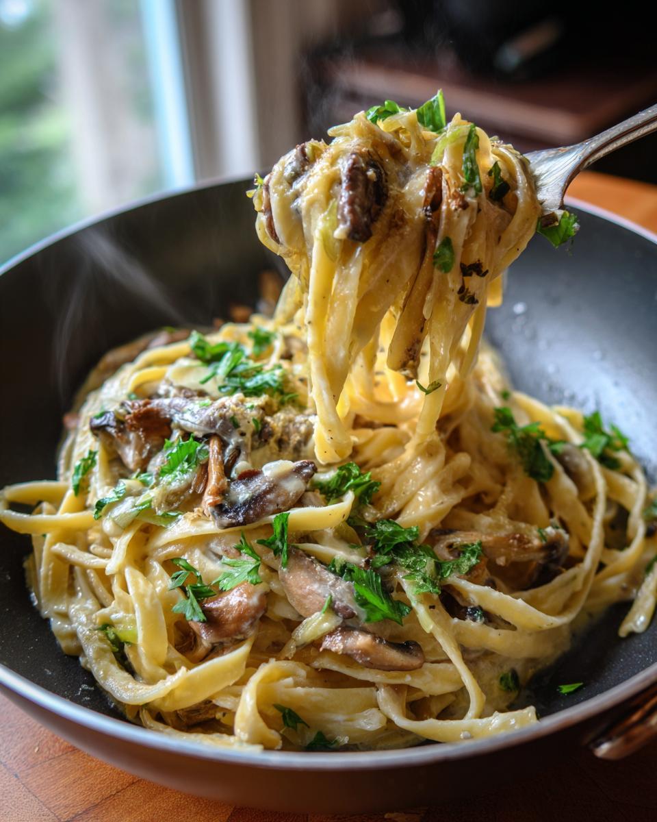 A fork lifts a swirl of fettuccine pasta coated in creamy sauce with leeks and mushrooms, garnished with fresh parsley.