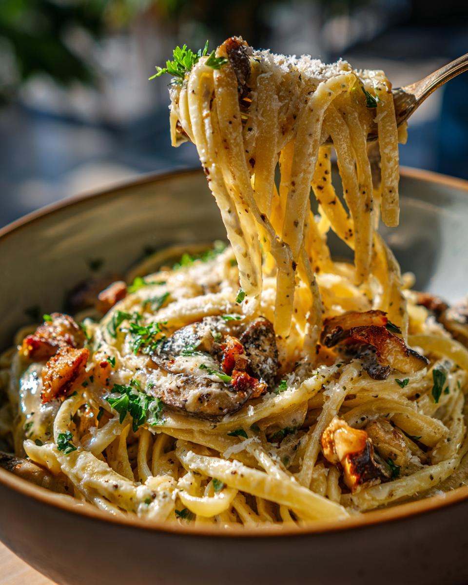 A fork lifts a generous portion of Leek Mushroom Gruyere Pasta, topped with Parmesan cheese and fresh parsley.