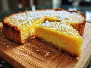 A slice of golden mango curd tart topped with shredded coconut, served on a wooden board.