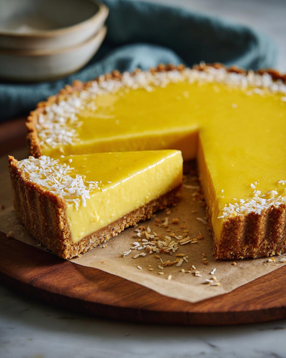 A slice of vibrant yellow mango curd tart topped with shredded coconut, on a wooden board.