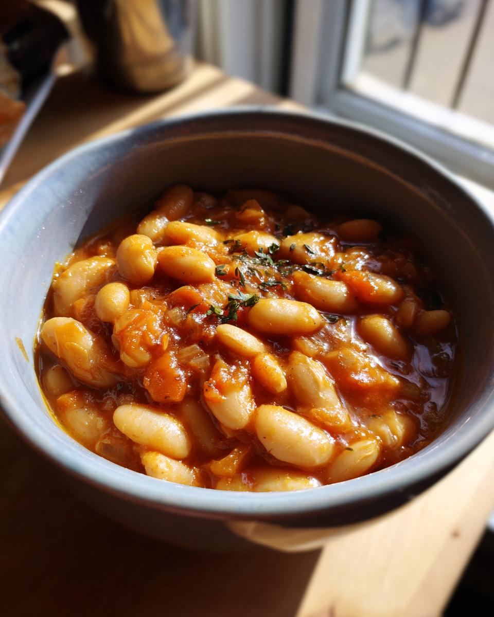 A close-up of a rustic bowl filled with Marry Me butter beans in a rich tomato sauce, garnished with herbs.