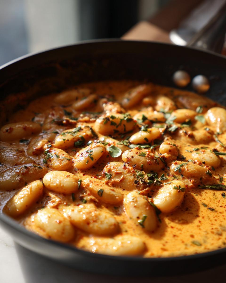 Close-up of Marry Me butter beans in a rich, creamy, orange sauce, garnished with fresh herbs.