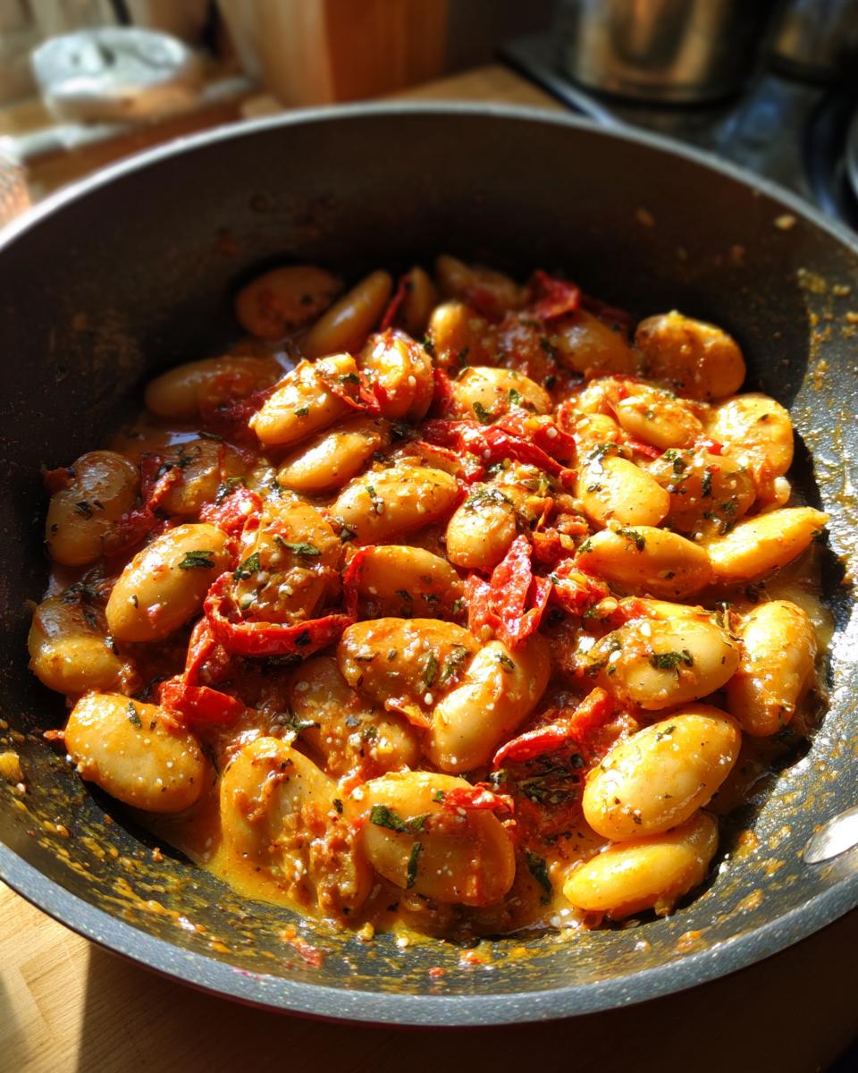 Close-up of Marry Me butter beans simmering in a rich, creamy tomato sauce with sun-dried tomatoes and herbs in a black skillet.