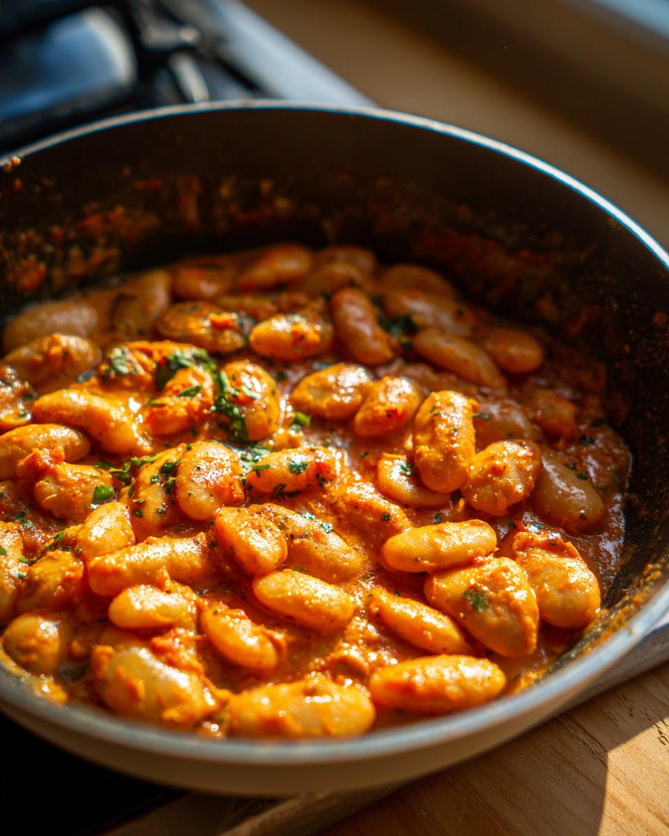 Close-up of Marry Me butter beans simmering in a rich, creamy tomato sauce, garnished with fresh herbs.