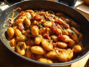 A close-up of Marry Me butter beans in a creamy, orange-hued sauce with sun-dried tomatoes and herbs.