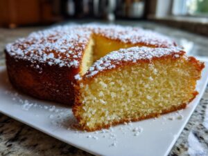 A slice of melt in your mouth cake dusted with powdered sugar on a white plate.