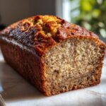 A close-up of a perfectly baked, moist banana bread loaf with a golden-brown crust and visible banana specks.