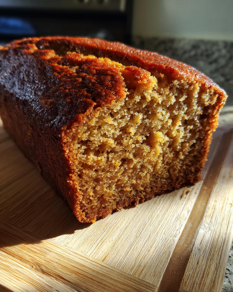 A close-up of a moist banana bread loaf, showcasing its golden-brown crust and tender crumb.