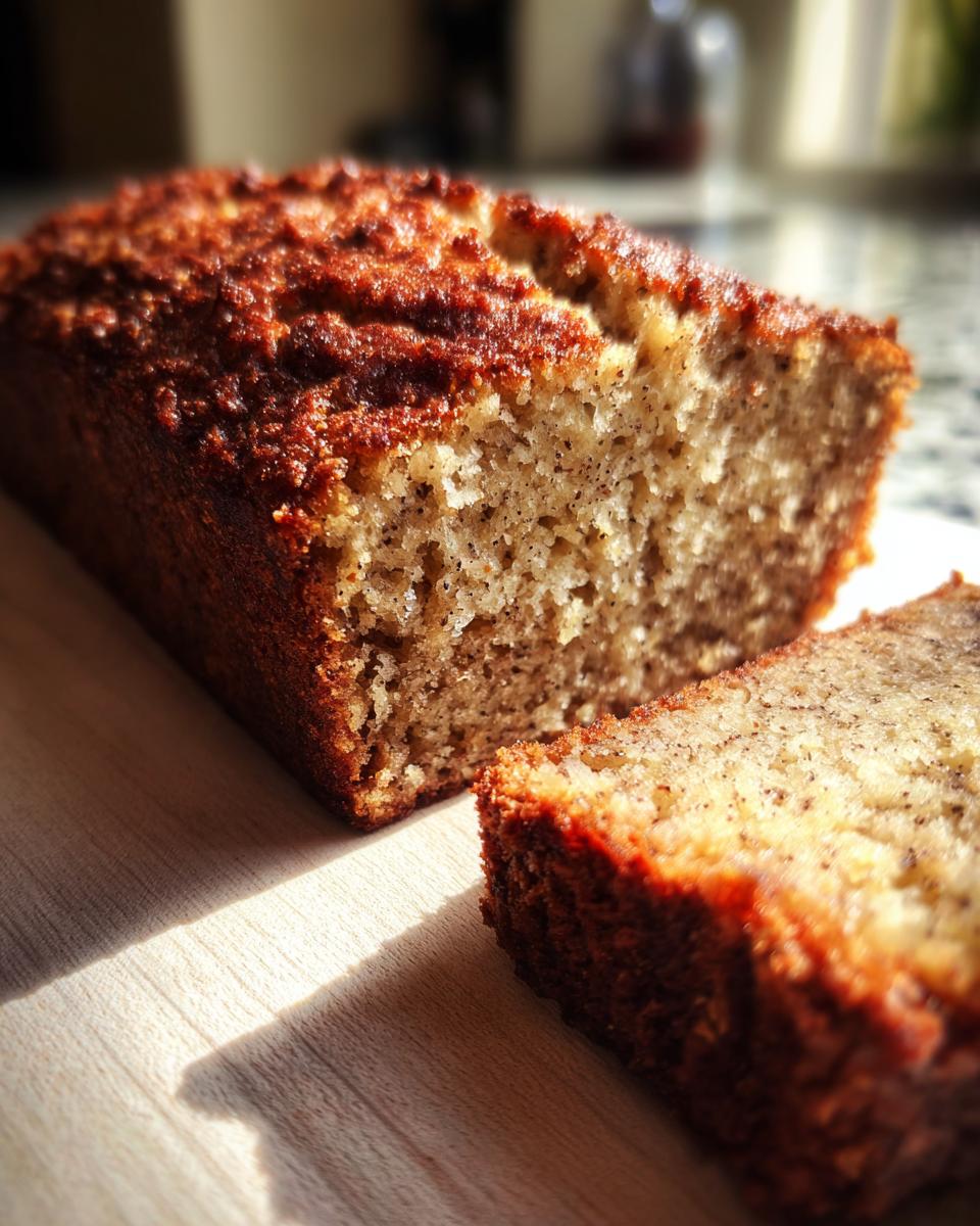 A close-up of a moist banana bread loaf with a slice cut, showing its texture and dark specks.
